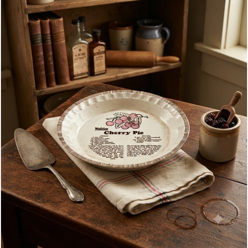 Vintage Watkins Cherry Pie Recipe Plate 11 Inch Stoneware Ceramic Dish USA 6294